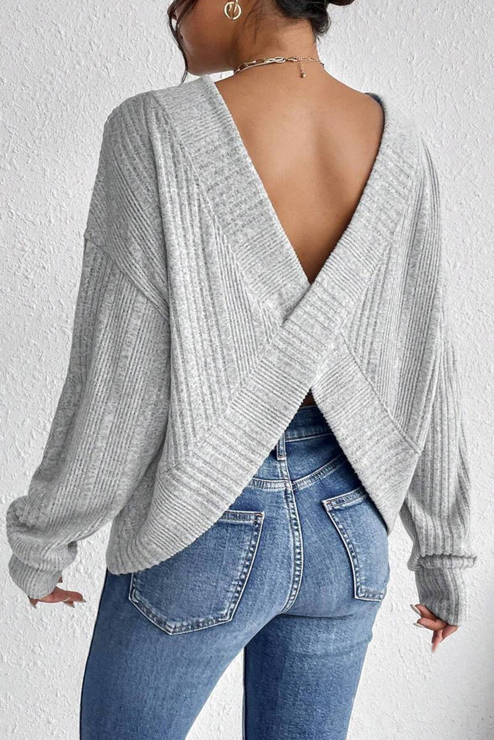 Light Grey Textured Crossover Backless Knit Long Sleeve Top 🇺🇲