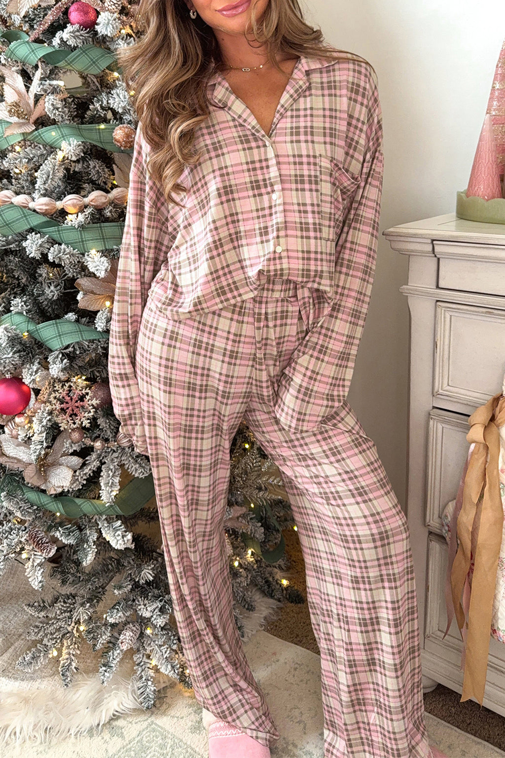 Pink Plaid Patch Pockets Long Sleeve Lounge Set 🇺🇸
