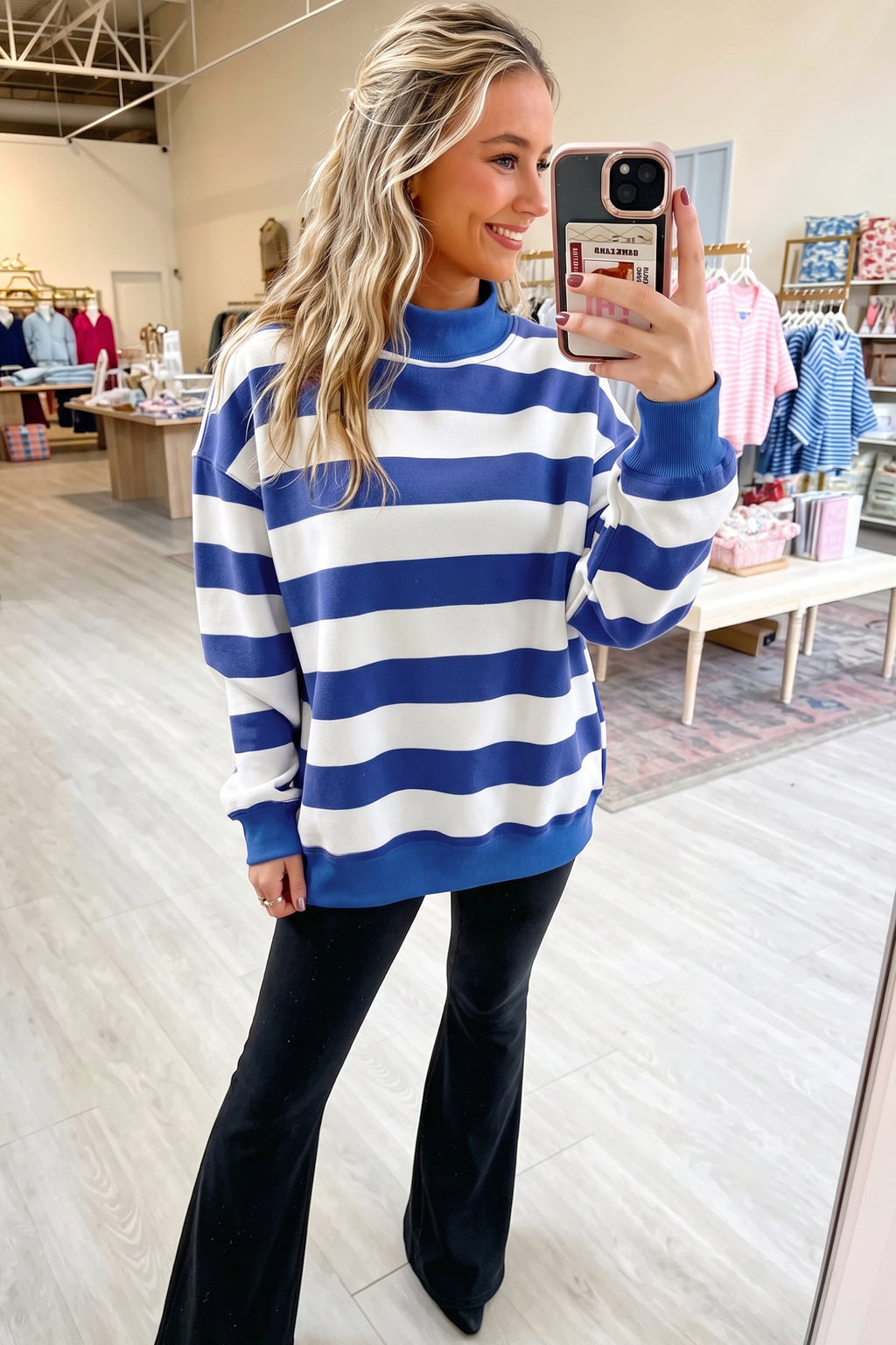 Blue Stripe Colorblock Mock Neck Relaxed Sweatshirt 🇺🇸