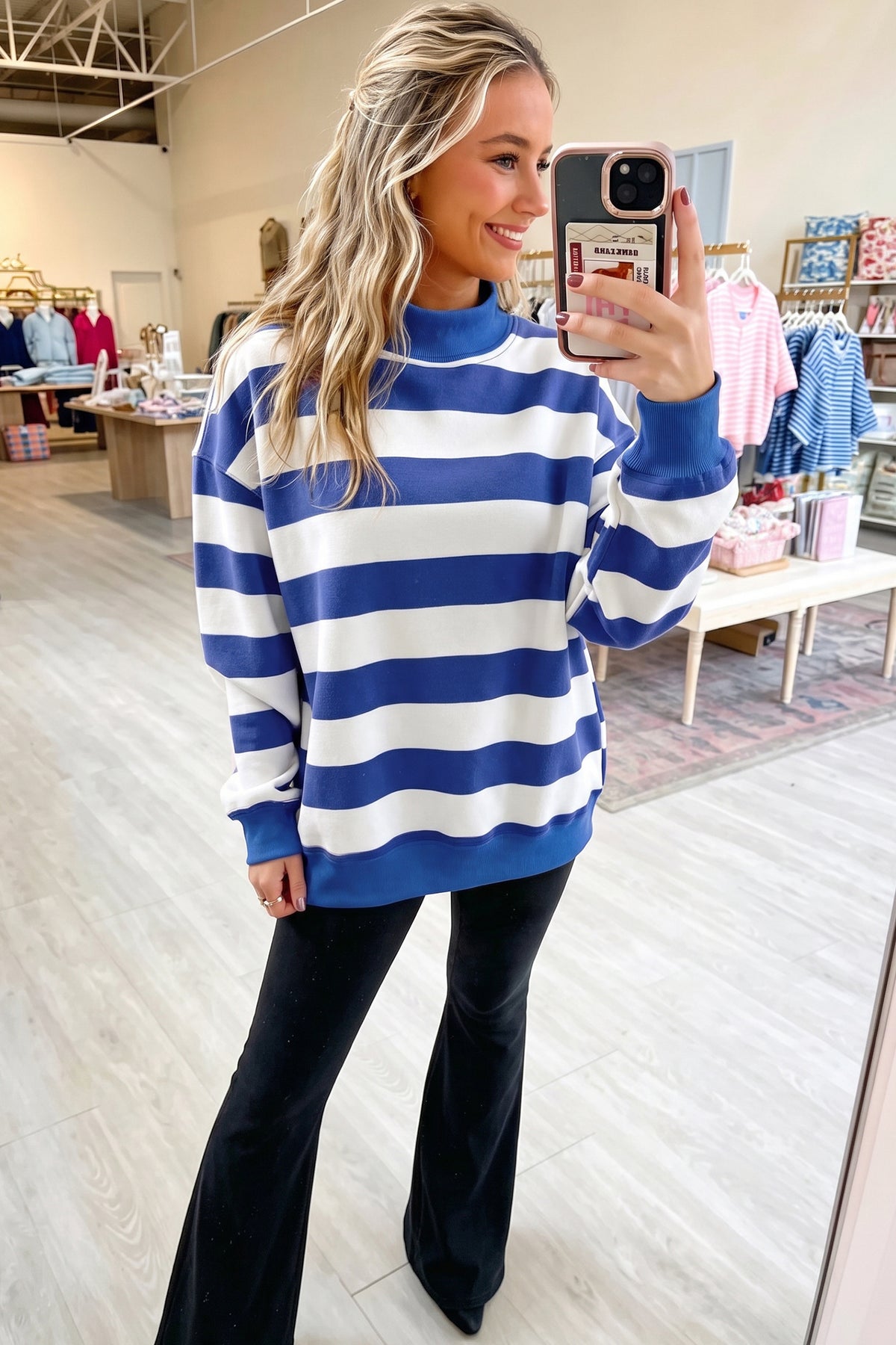 Blue Stripe Colorblock Mock Neck Relaxed Sweatshirt 🇺🇸