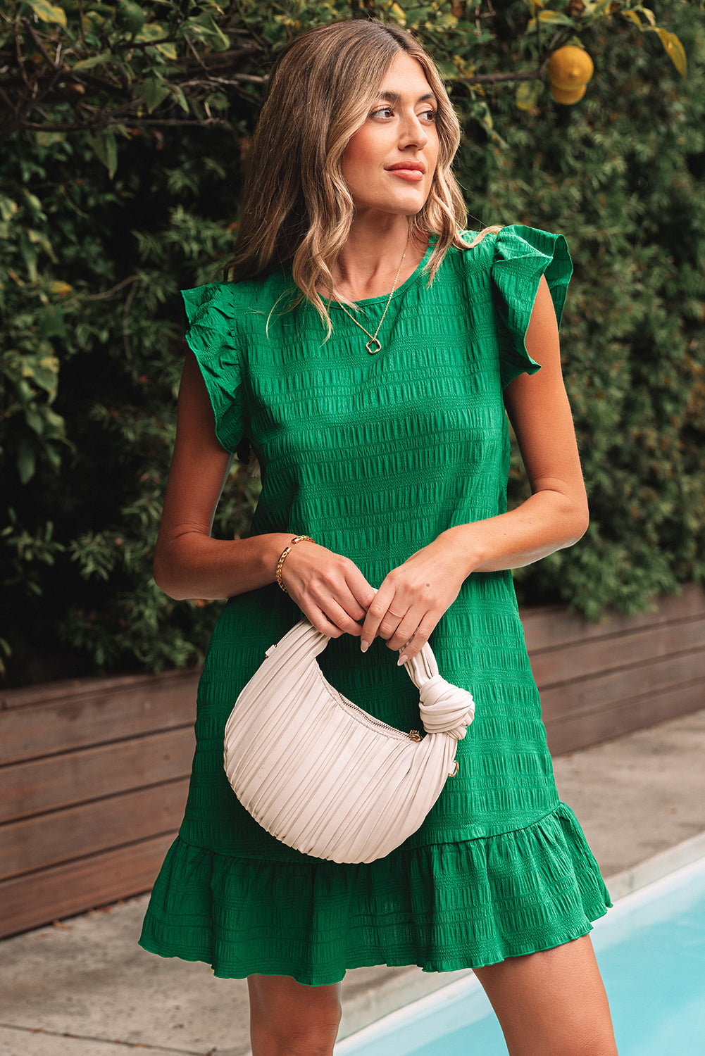 Dark Green Textured Flutter Sleeve Ruffled Mini Dress 🇨🇳