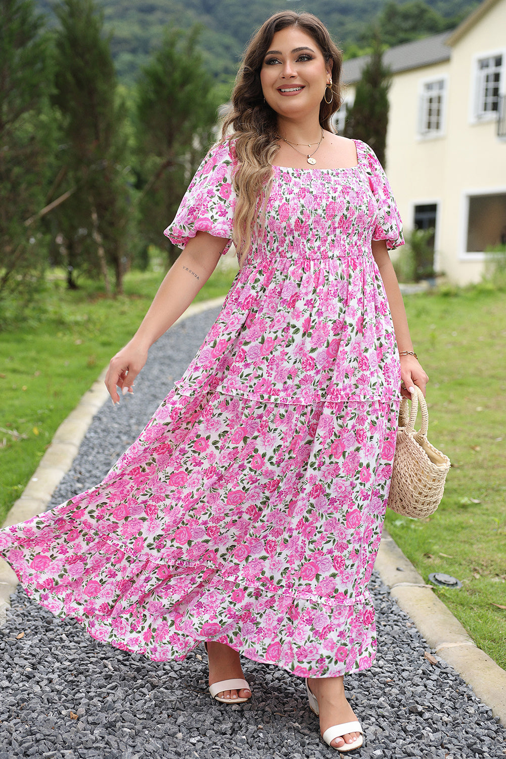 Pink Plus Size Floral Print Smocked Puff Sleeve Dress 🇨🇳