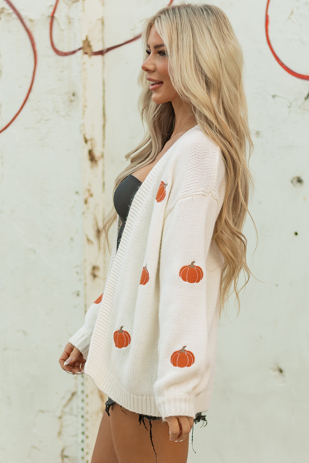 White Pumpkin Print Open Front Drop Shoulder Midi Cardigan 🇺🇸