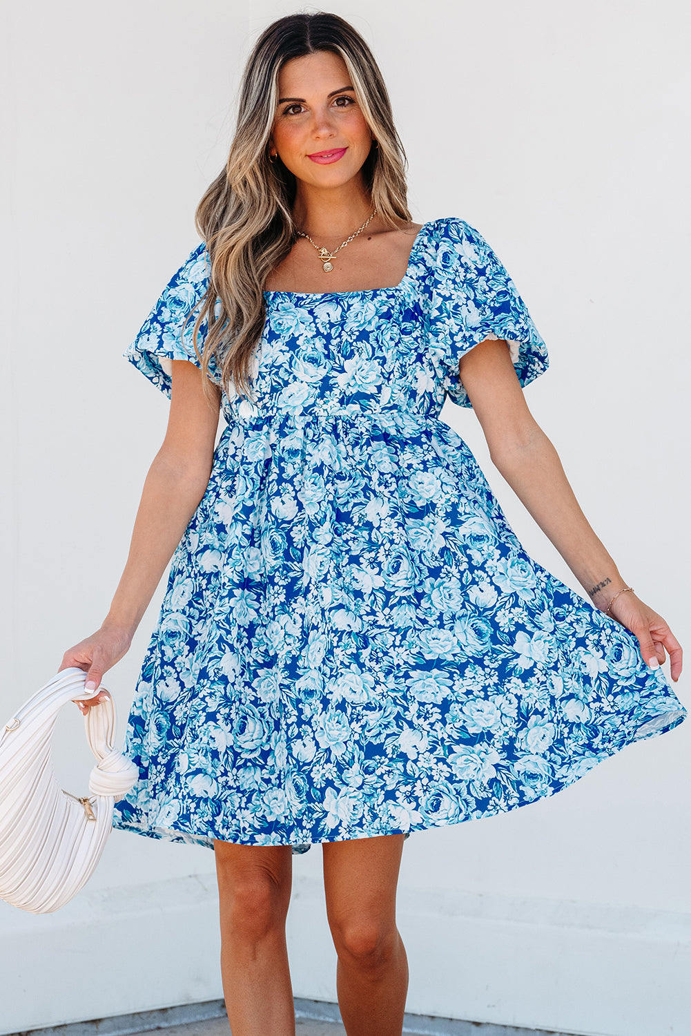 Blue Floral Puff Sleeve Babydoll Mini Dress 🇺🇸