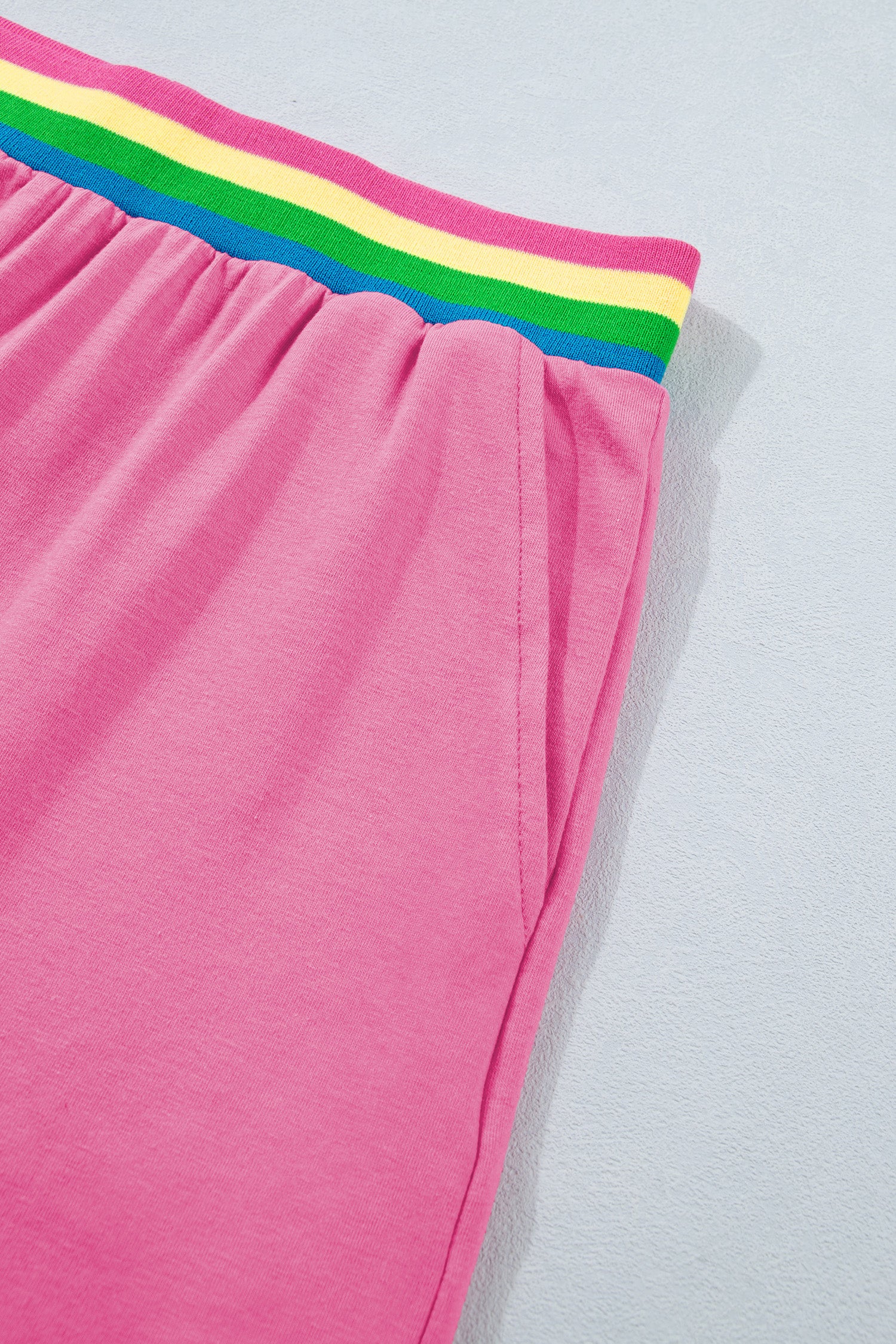 Bright Pink Seam Detail Raw Edge Tee Rainbow Waistband Casual Short Set 🇺🇸