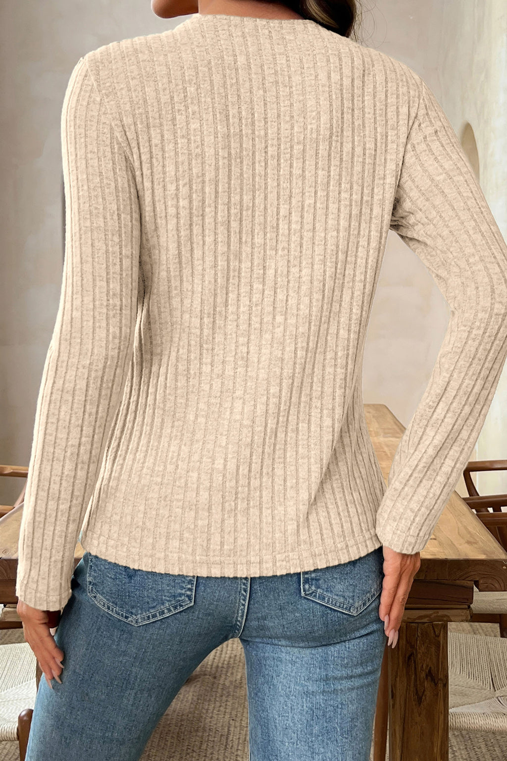 Apricot Solid Color Ribbed Knit Cowl Neck Long Sleeve Top 🇺🇸