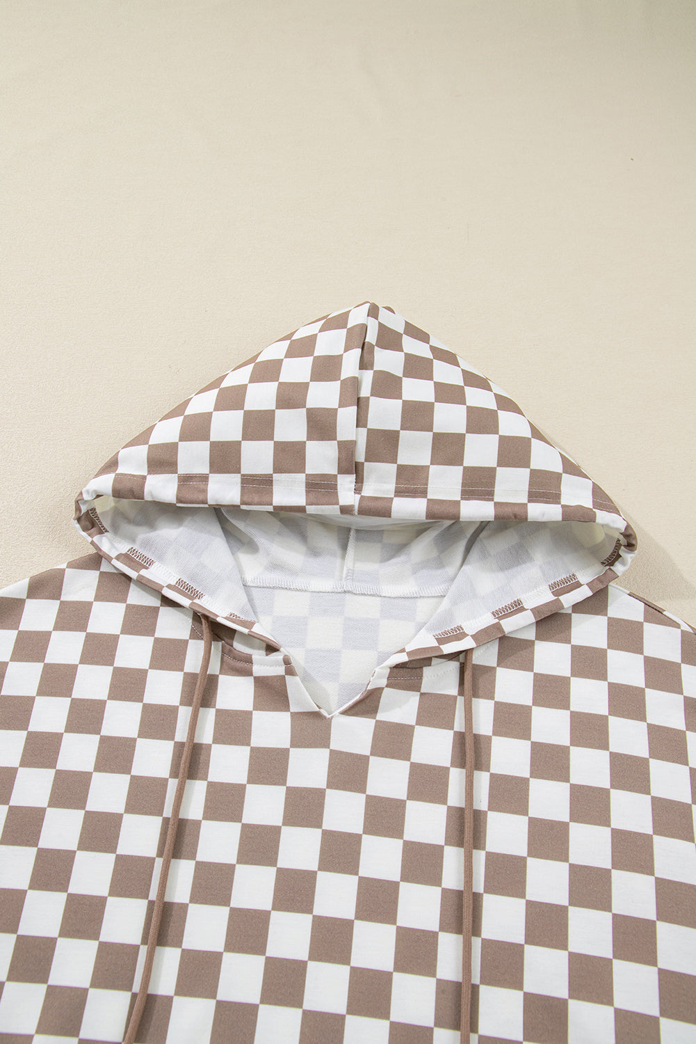 Khaki Double Checkered Patchwork Tie Neck Oversize Hoodie 🇺🇸