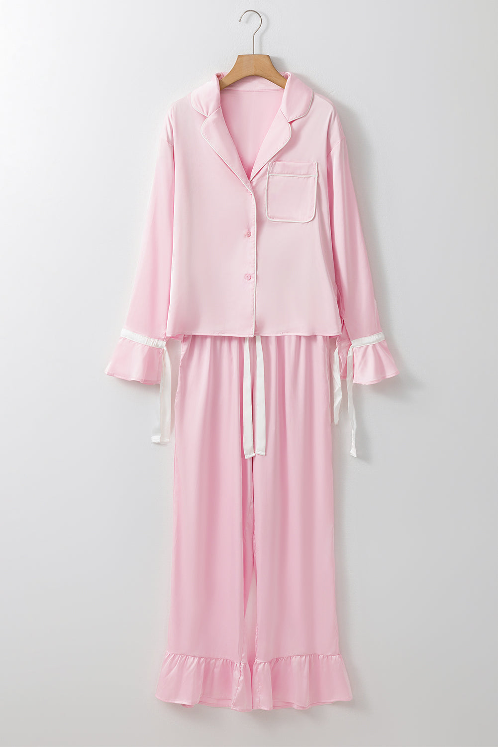Light Pink Satin Knot Accent Shirt and Ruffled Pants Lounge Set 🇺🇸
