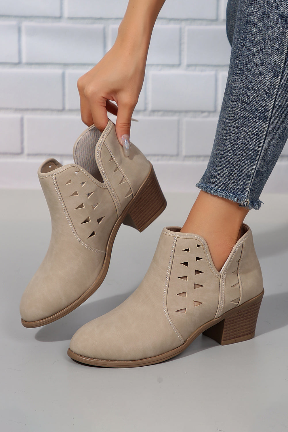Parchment Cut Out Suede Pointed Toe Heeled Ankle Boots 🇺🇸