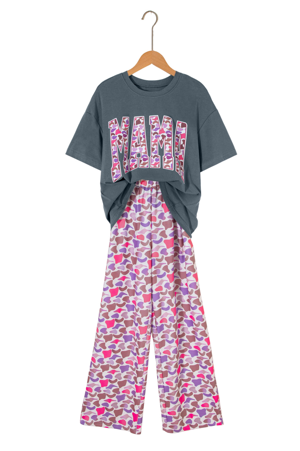 Medium Grey MAMA Letter Graphic Tee Camouflage Print Loose Pant Set 🇺🇸