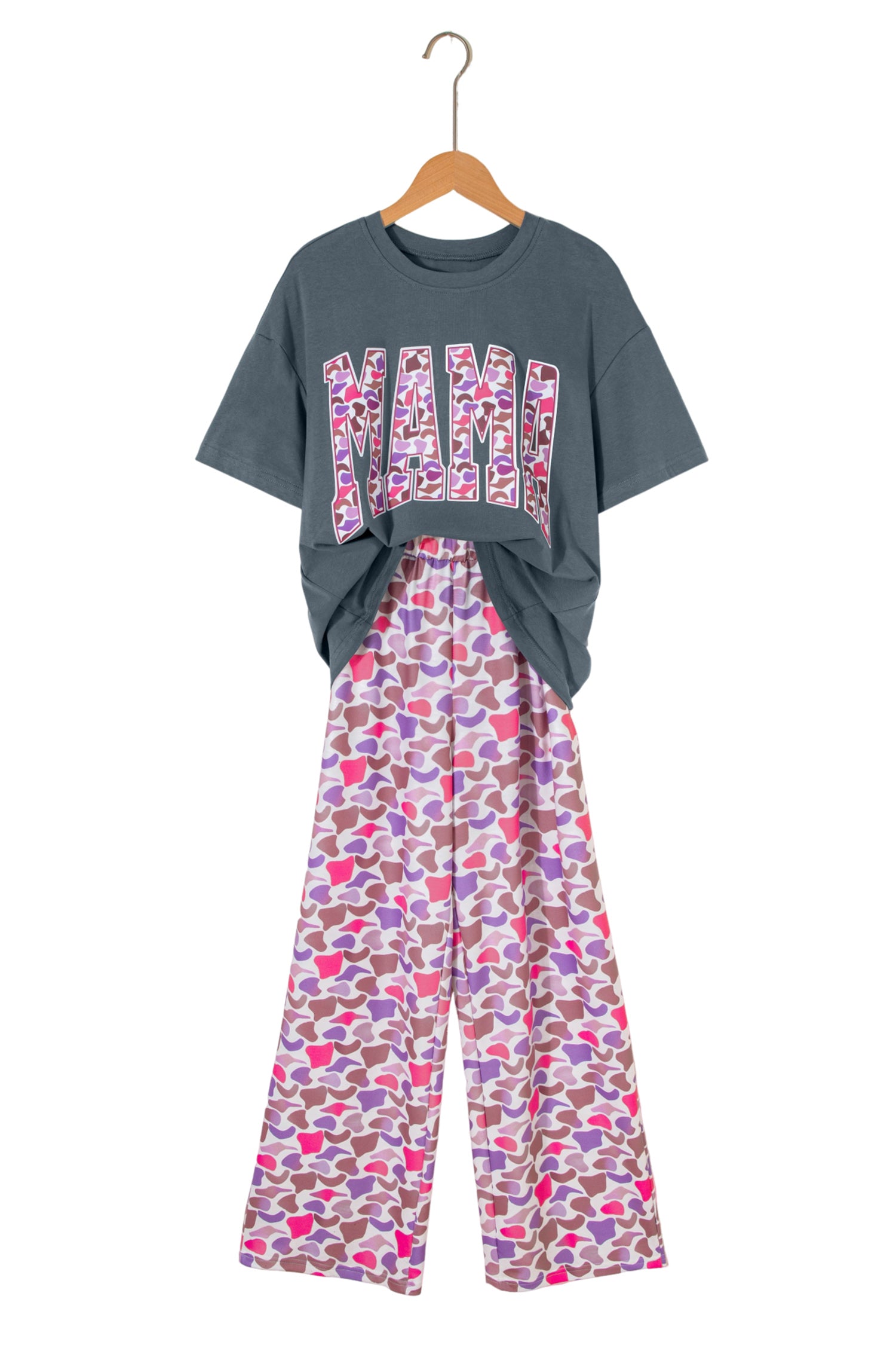 Medium Grey MAMA Letter Graphic Tee Camouflage Print Loose Pant Set 🇺🇸