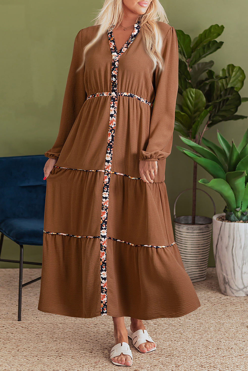 Chestnut Floral Patchwork Detail Notched Neck Long Sleeve Maxi Dress 🇺🇸