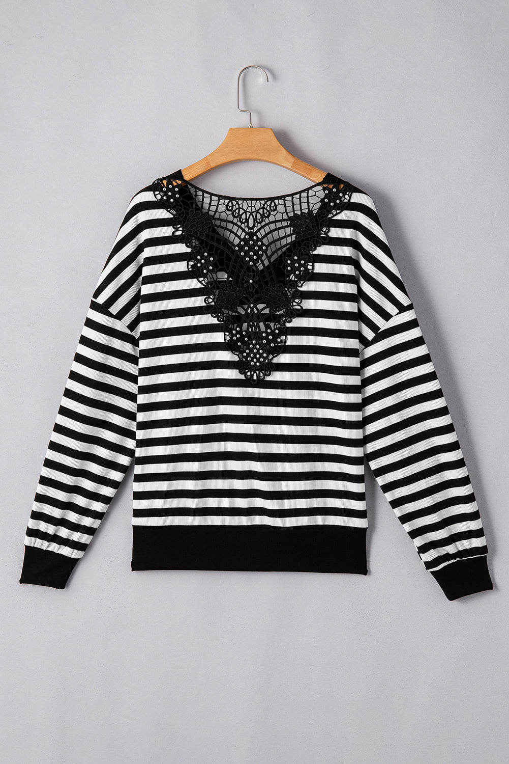 Black Stripe Crochet Hollow-out Back Buttoned Shoulder V Neck Top 🇺🇸