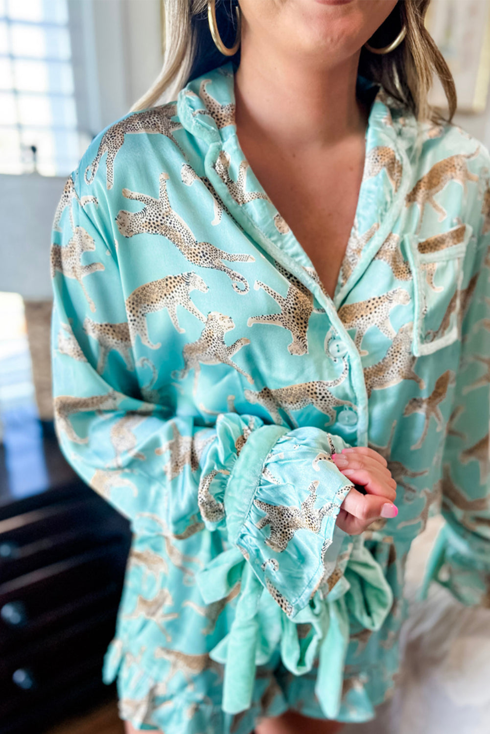 Green Leopard Satin Ruffle Pajama Short Set 🇨🇳