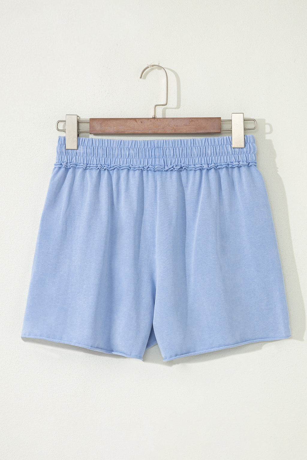 Sky Blue Mineral Washed Drawstring Elastic Waist Raw Cut Shorts 🇺🇸