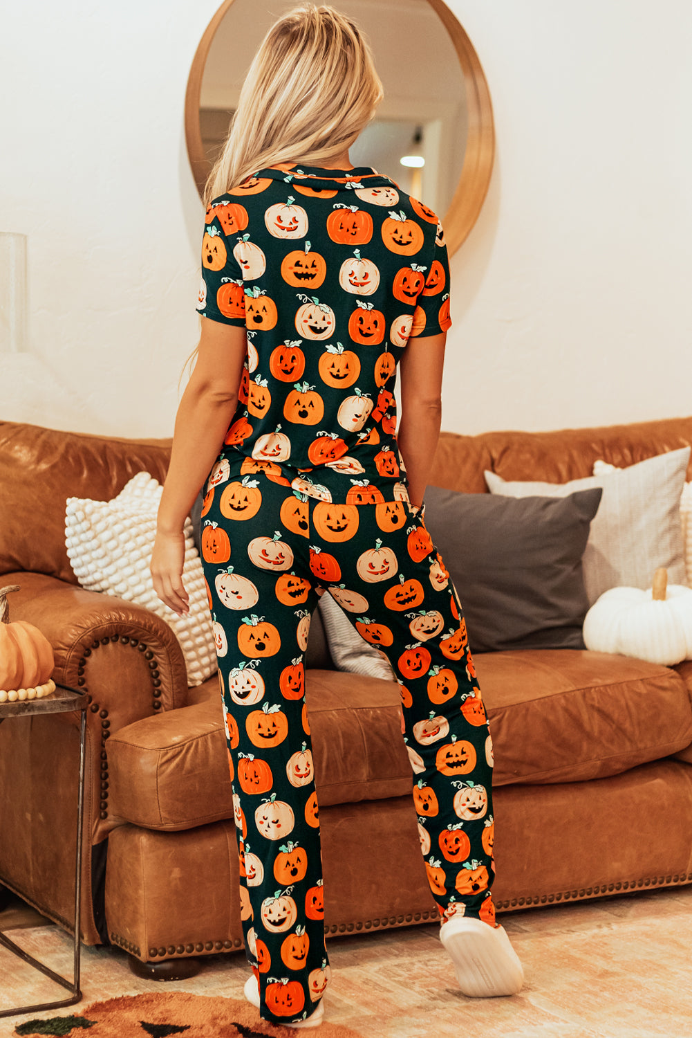 Orange Halloween Pattern Short Sleeve Shirt Pajama Set 🇺🇸