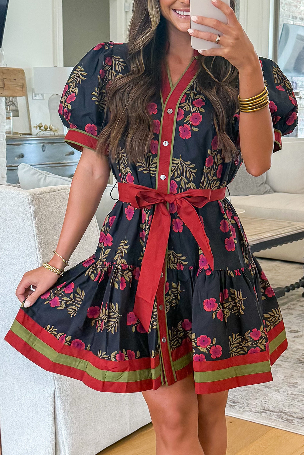 Black Retro Floral Print Button Down Belted Short Puff Sleeve Mini Dress 🇺🇸