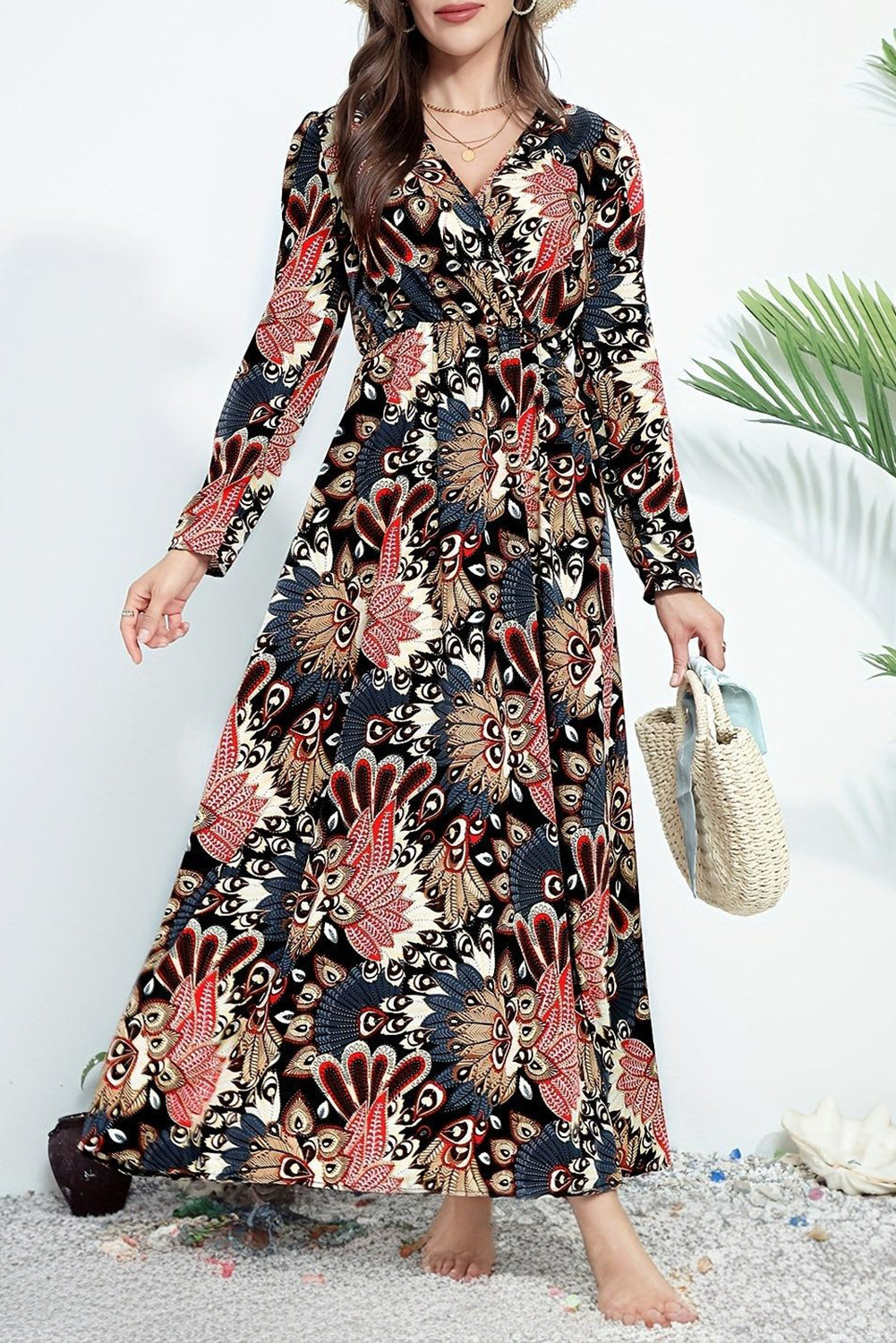 Black Floral Print V Neck Wrap High Waist Maxi Dress 🇨🇳