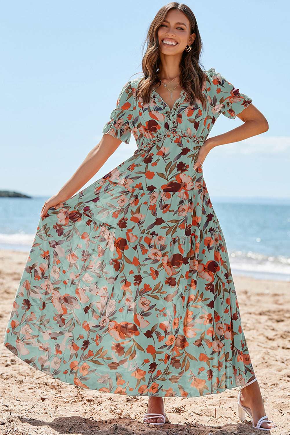 Green Fiery Floral Print Frilled V Neck Short Sleeve Maxi Dress 🇺🇸