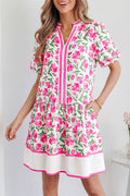 Multicolour Sweet Floral Print Striped Color Block Trim Short Dress 🇺🇸