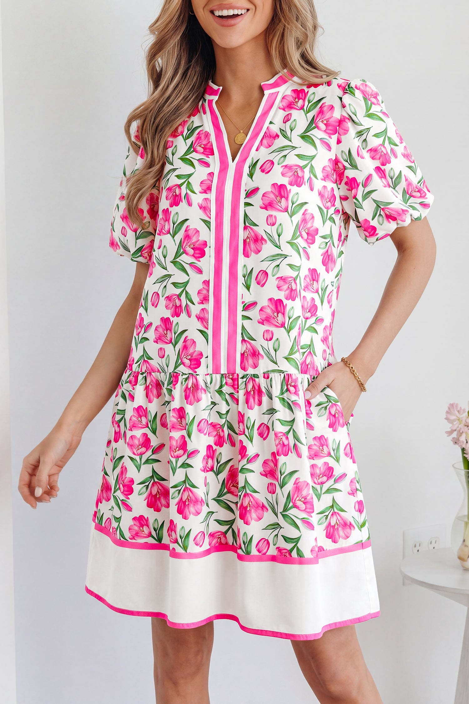 Multicolour Sweet Floral Print Striped Color Block Trim Short Dress 🇺🇸