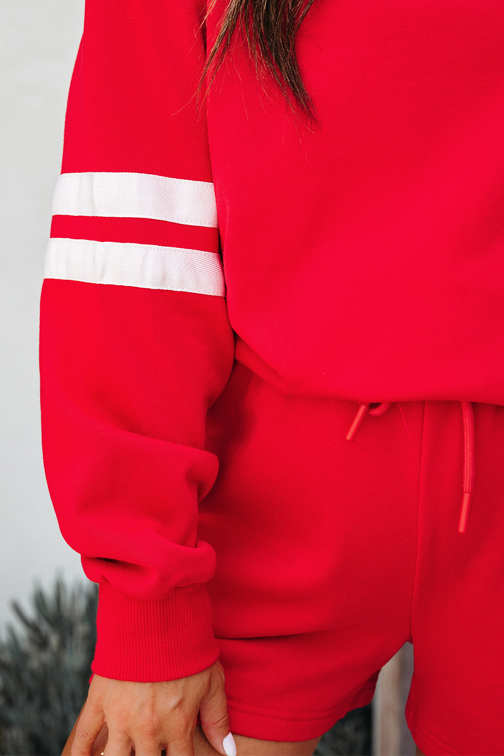 Fiery Red Varsity Striped Sleeve Drop Shoulder Sweatshirt and Short Set 🇺🇲