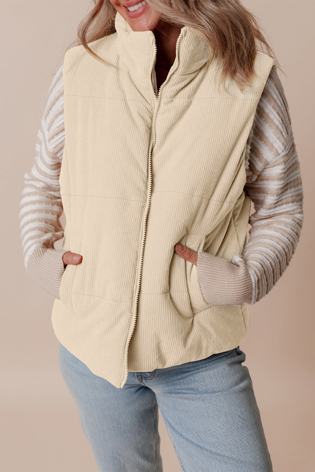 Beige Corduroy Stand Neck Zipped Puffer Vest 🇺🇸