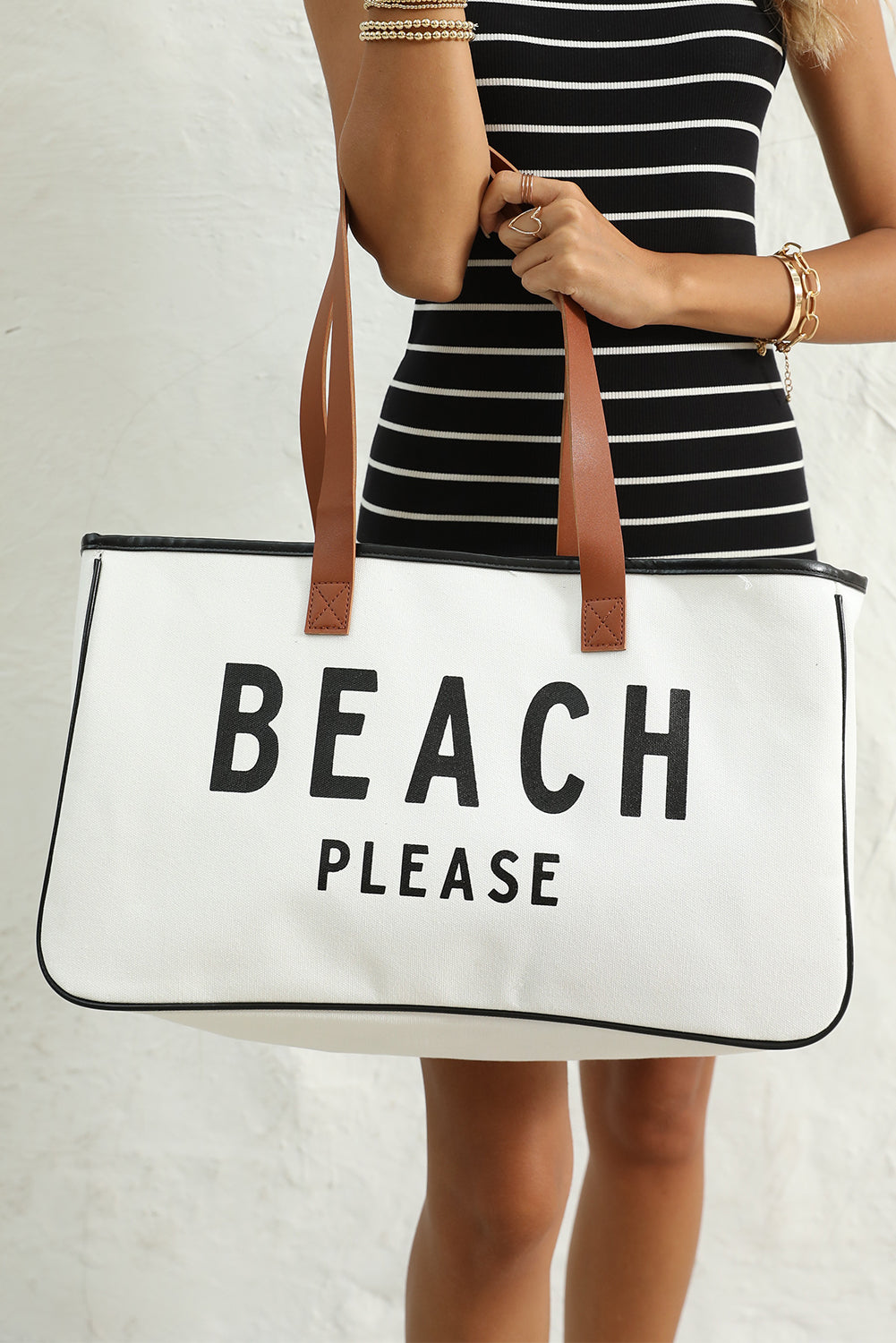 White BEACH PLEASE Print Large Canvas Tote Bag 🇨🇳