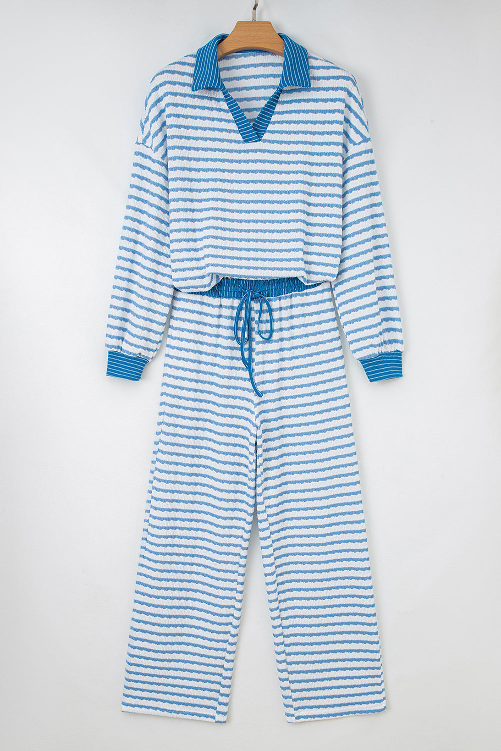 Sky Blue Stripe Collared Pullover Top and Drawstring Pant Set 🇺🇸