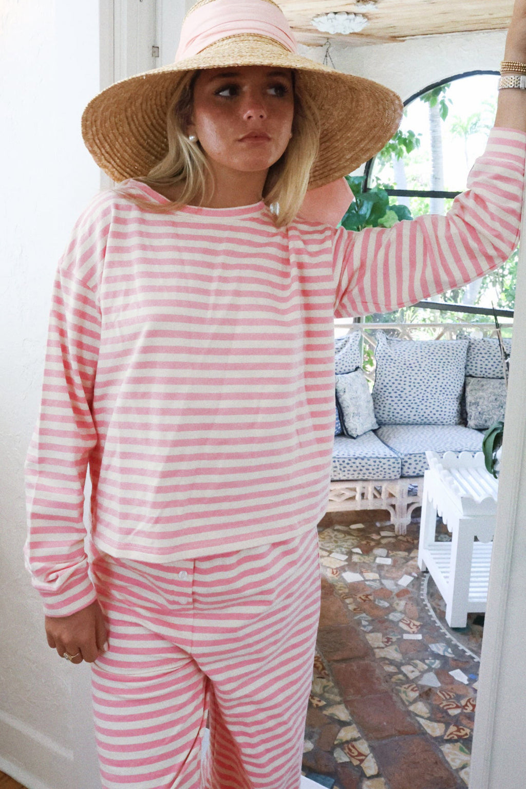 Pink Stripe Drop Shoulder Round Neck Top and Buttoned Straight Pants Two Piece Set 🇺🇸