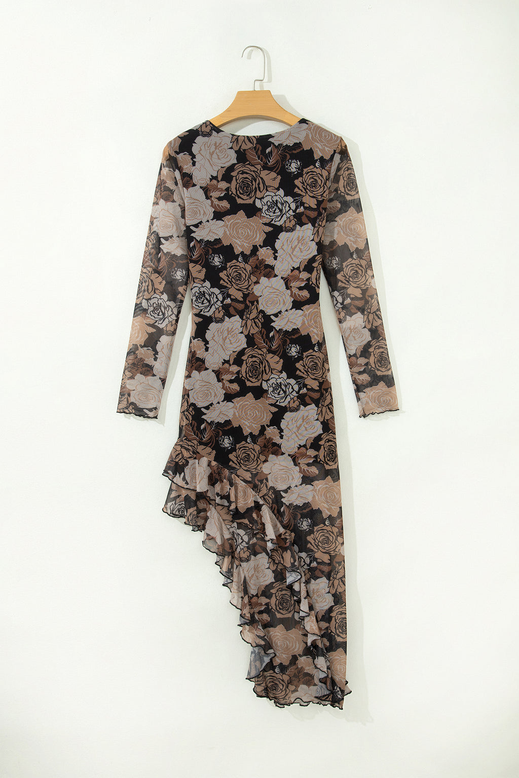 Black Floral Long Sleeve Asymmetric Ruffle Split Hem Mesh Dress 🇺🇸