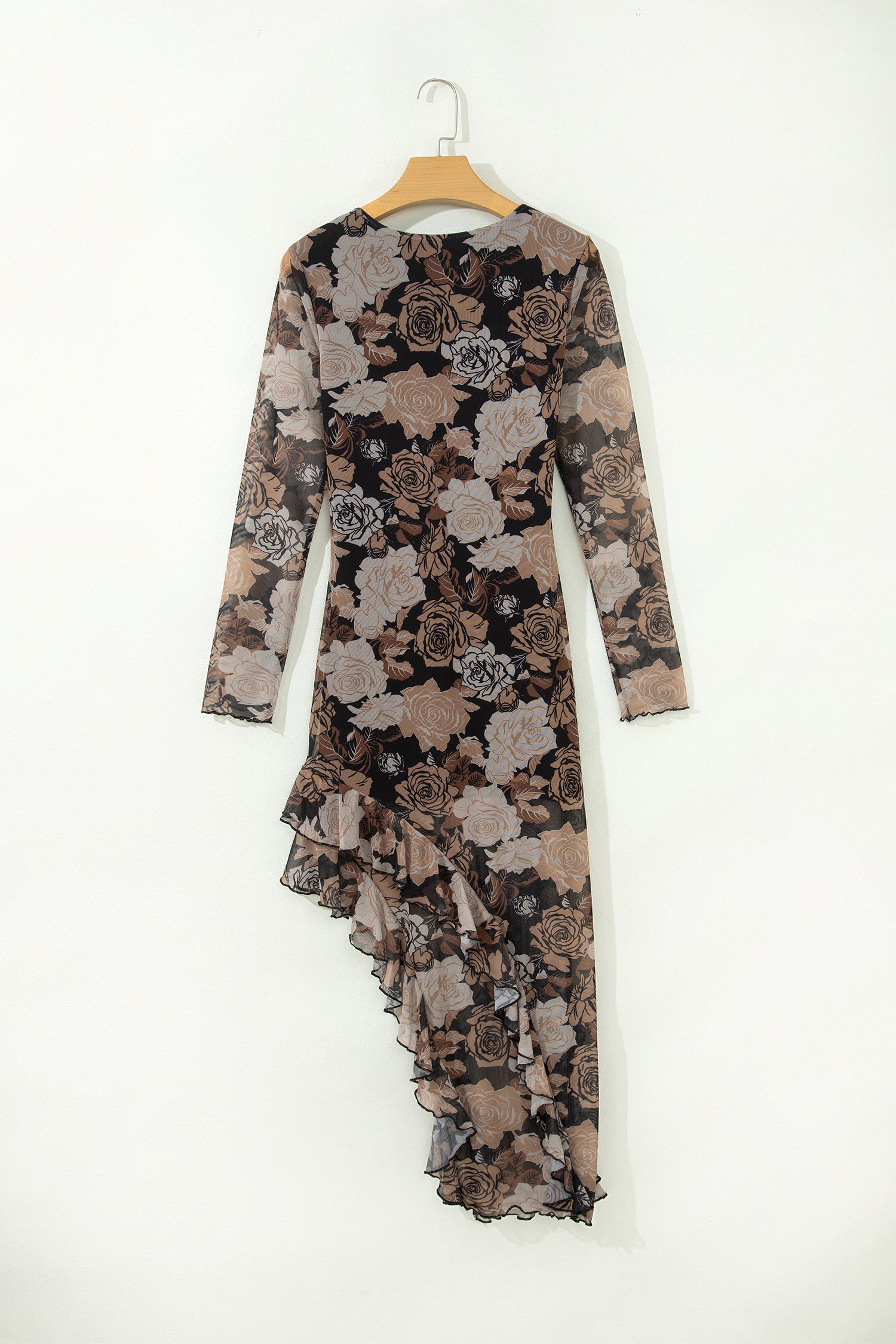 Black Floral Long Sleeve Asymmetric Ruffle Split Hem Mesh Dress 🇺🇸