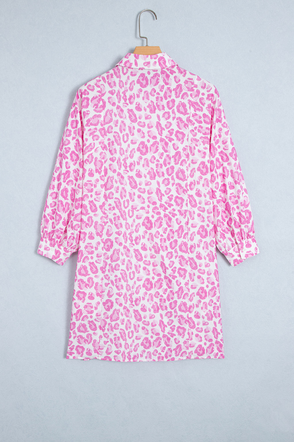 Pink Abstract Leopard Print Tie Waist Puff Sleeve Mini Shirt Dress 🇺🇸