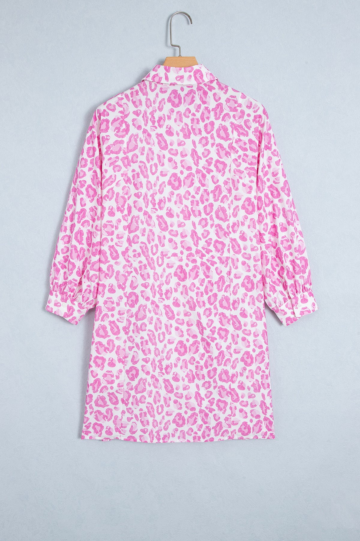 Pink Abstract Leopard Print Tie Waist Puff Sleeve Mini Shirt Dress 🇺🇸