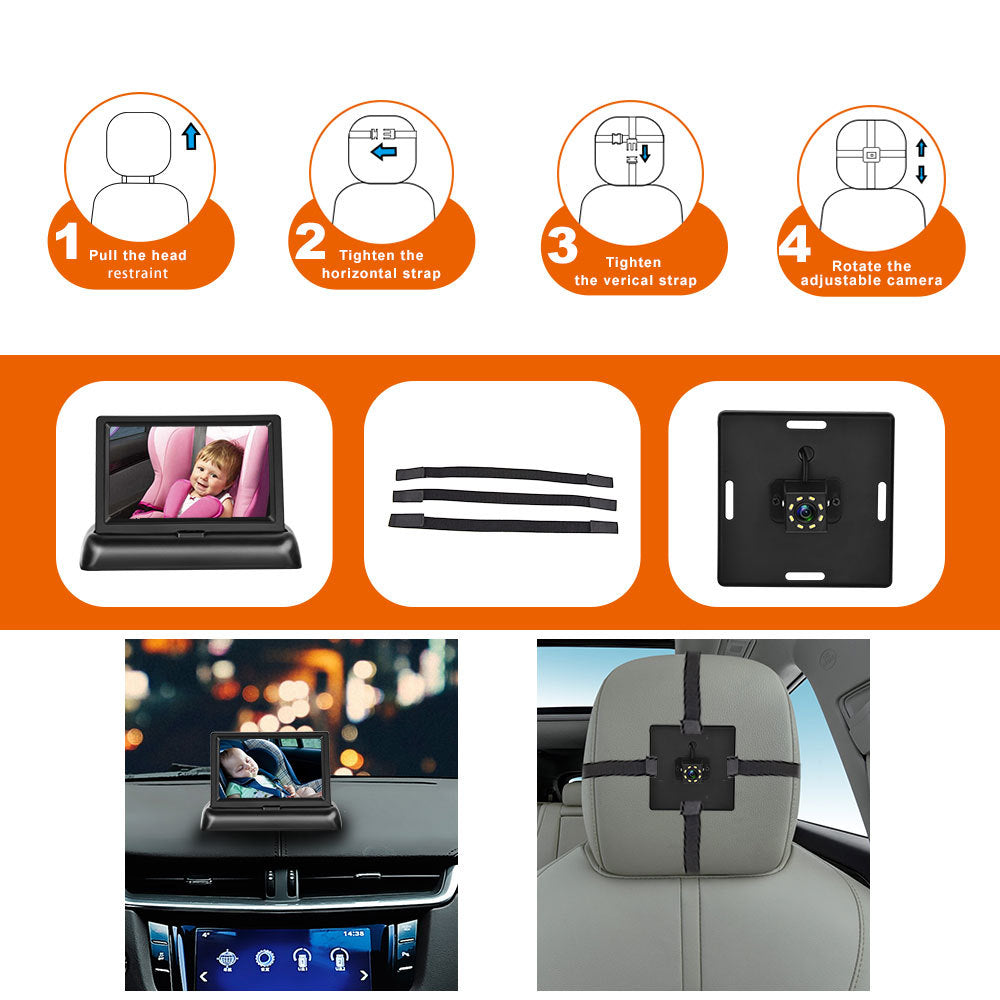 12-24V Folding Screen For Baby Monitoring Images In Car With Cigarette Lighter Power Cord  Night Vision Eight-lamp Camera 🇨🇳