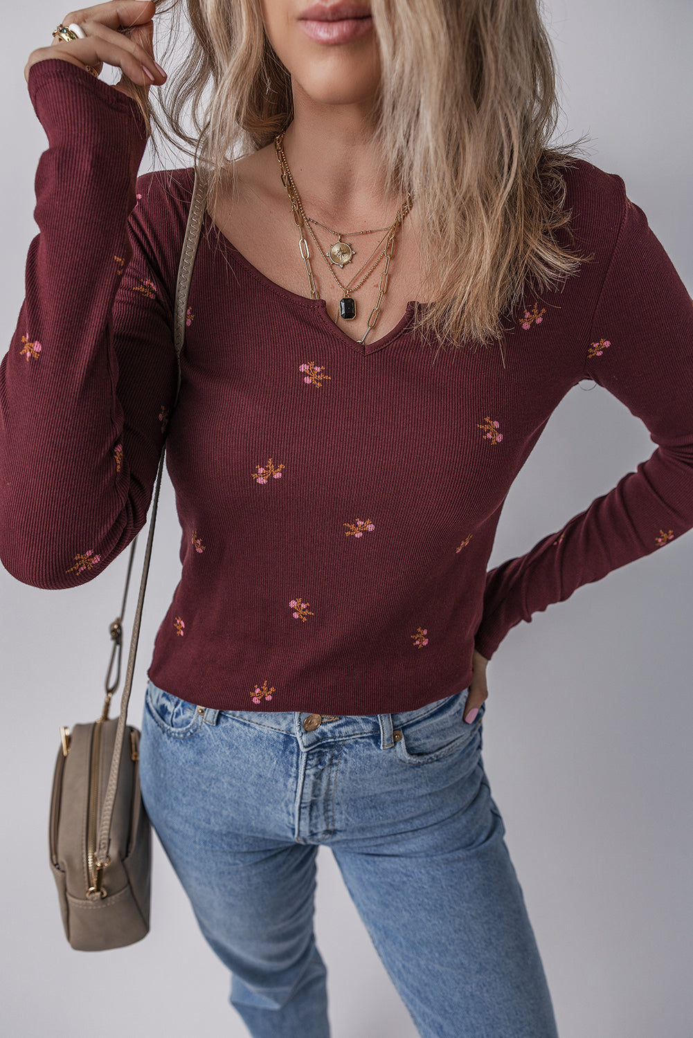 Burgundy Notched Neck Floral Print Ribbed Long Sleeve Top 🇺🇲
