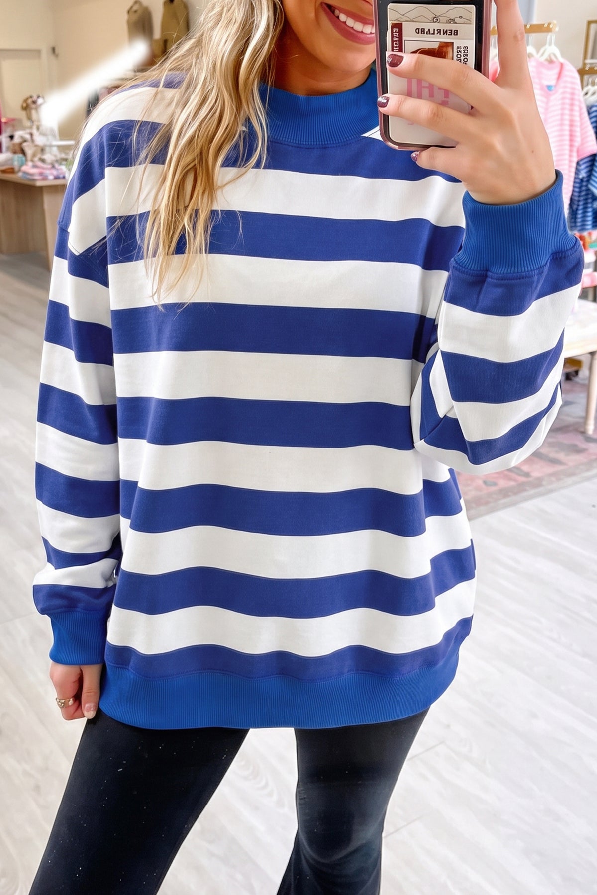 Blue Stripe Colorblock Mock Neck Relaxed Sweatshirt 🇺🇸
