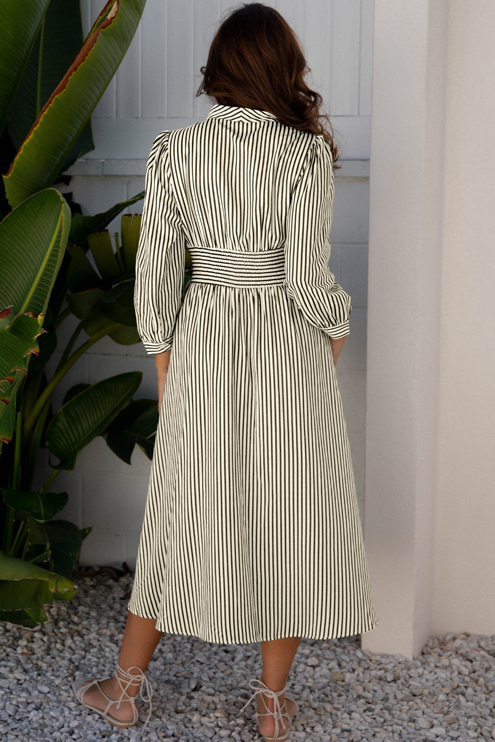 Black Stripe V Neck Zip Front Cinched High Waist Midi Dress 🇺🇸