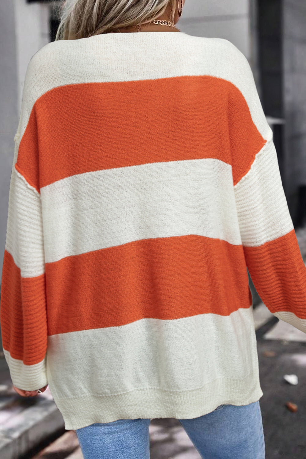 Orange Stripe Loose Color Block Drop Shoulder Bubble Sleeve Sweater 🇺🇸