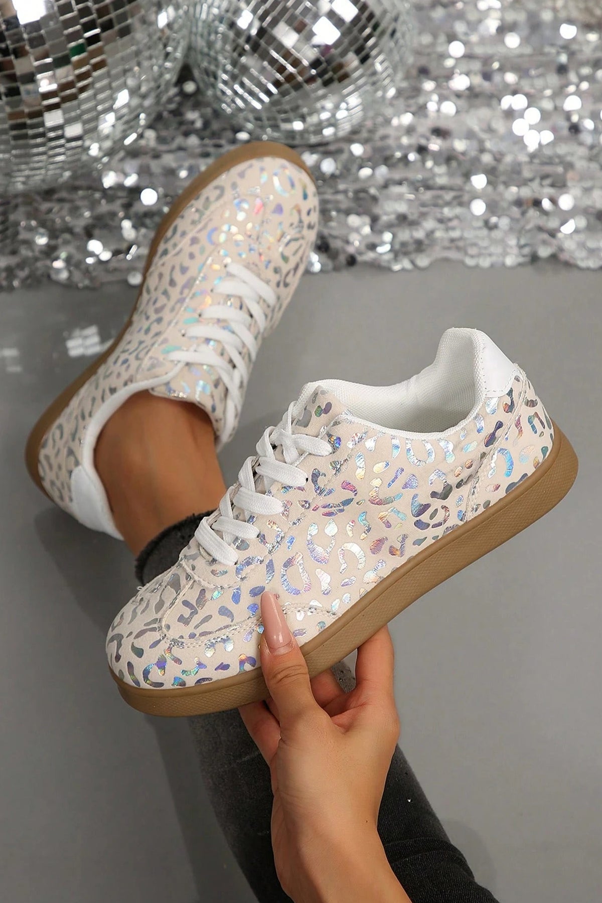 White Shiny Leopard Print Training Shoes 🇺🇸