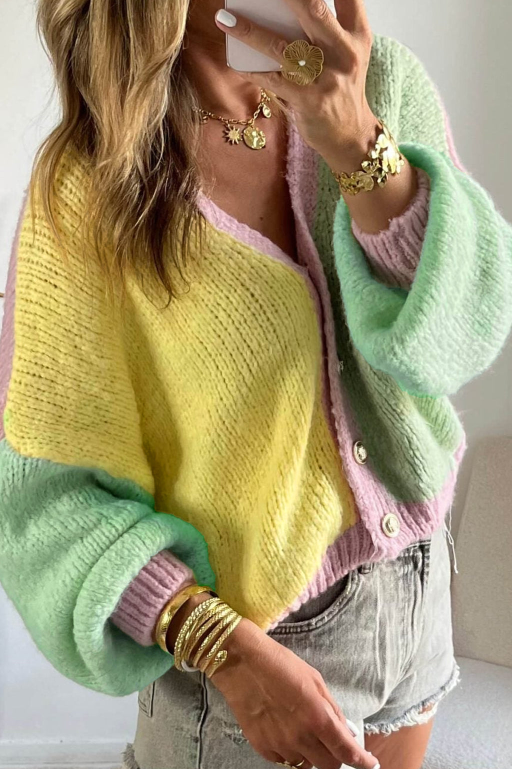 Yellow V Neck Drop Shoulder Patchwork Regular Wash Knitwear Cardigan 🇺🇸