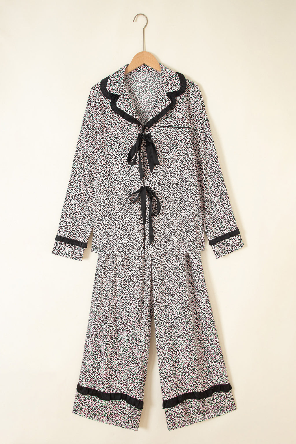 Brown Leopard Print Bow Knot Patchwork Long Sleeve Lounge Set 🇺🇸