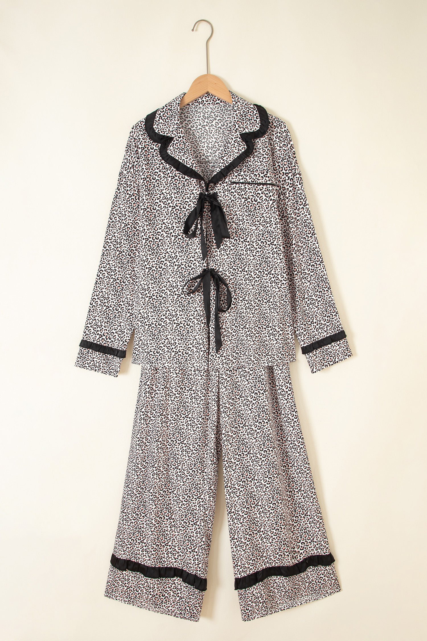 Brown Leopard Print Bow Knot Patchwork Long Sleeve Lounge Set 🇺🇸