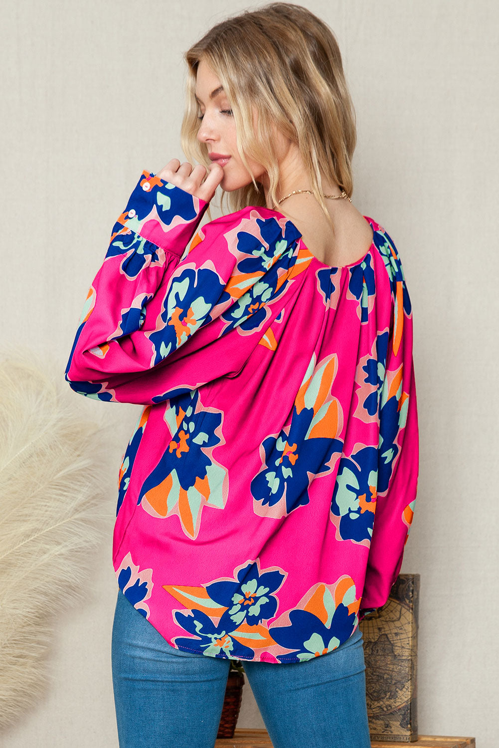 Rose Floral Pattern V Neck Balloon Sleeve Plus Size Blouse 🇨🇳