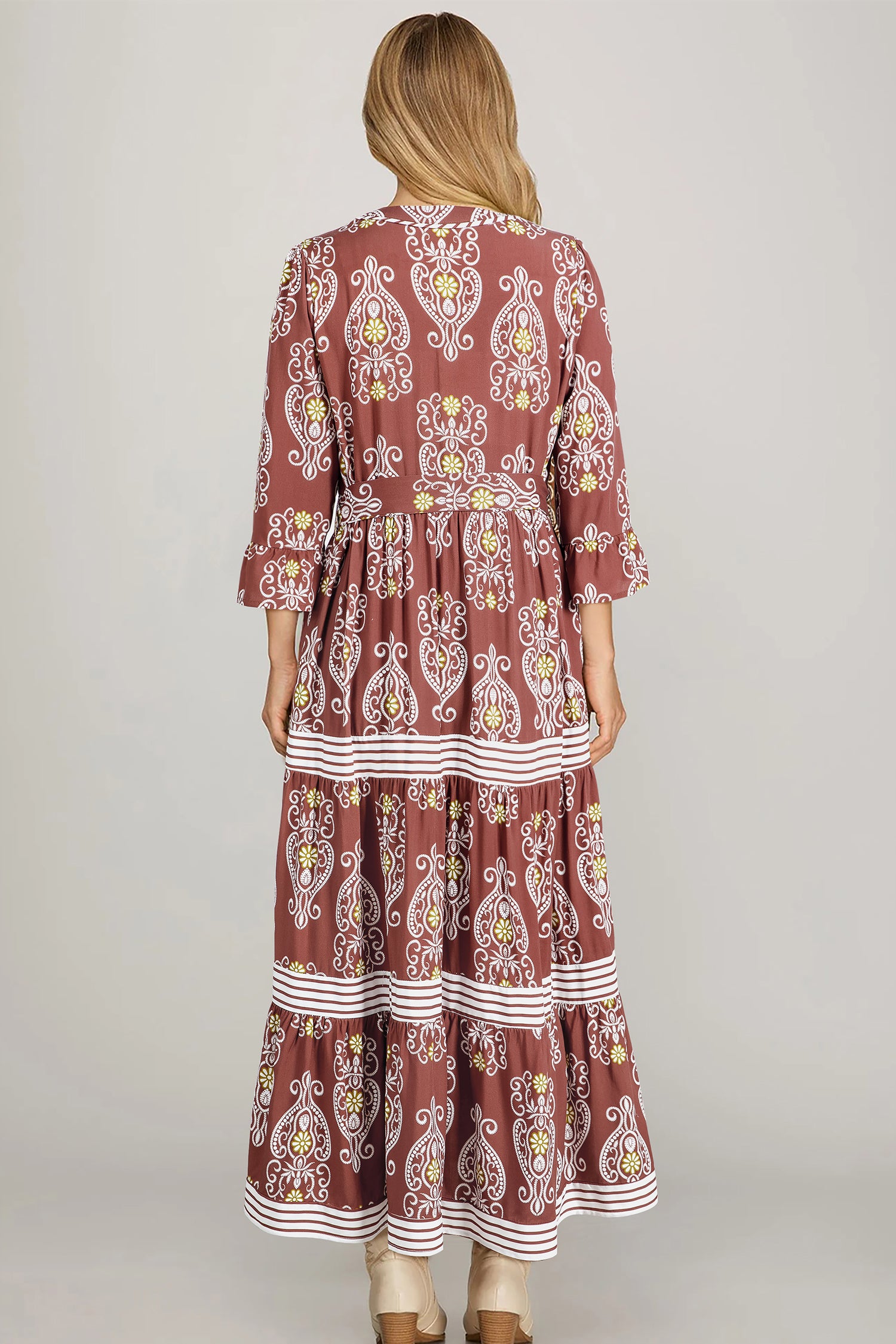 Brown Floral Print Belted Striped Trim Tiered Maxi Dress 🇺🇸