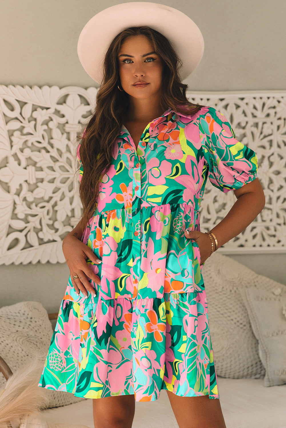 Green Floral Puff Sleeve Collar Buttoned Babydoll Dress 🇺🇸