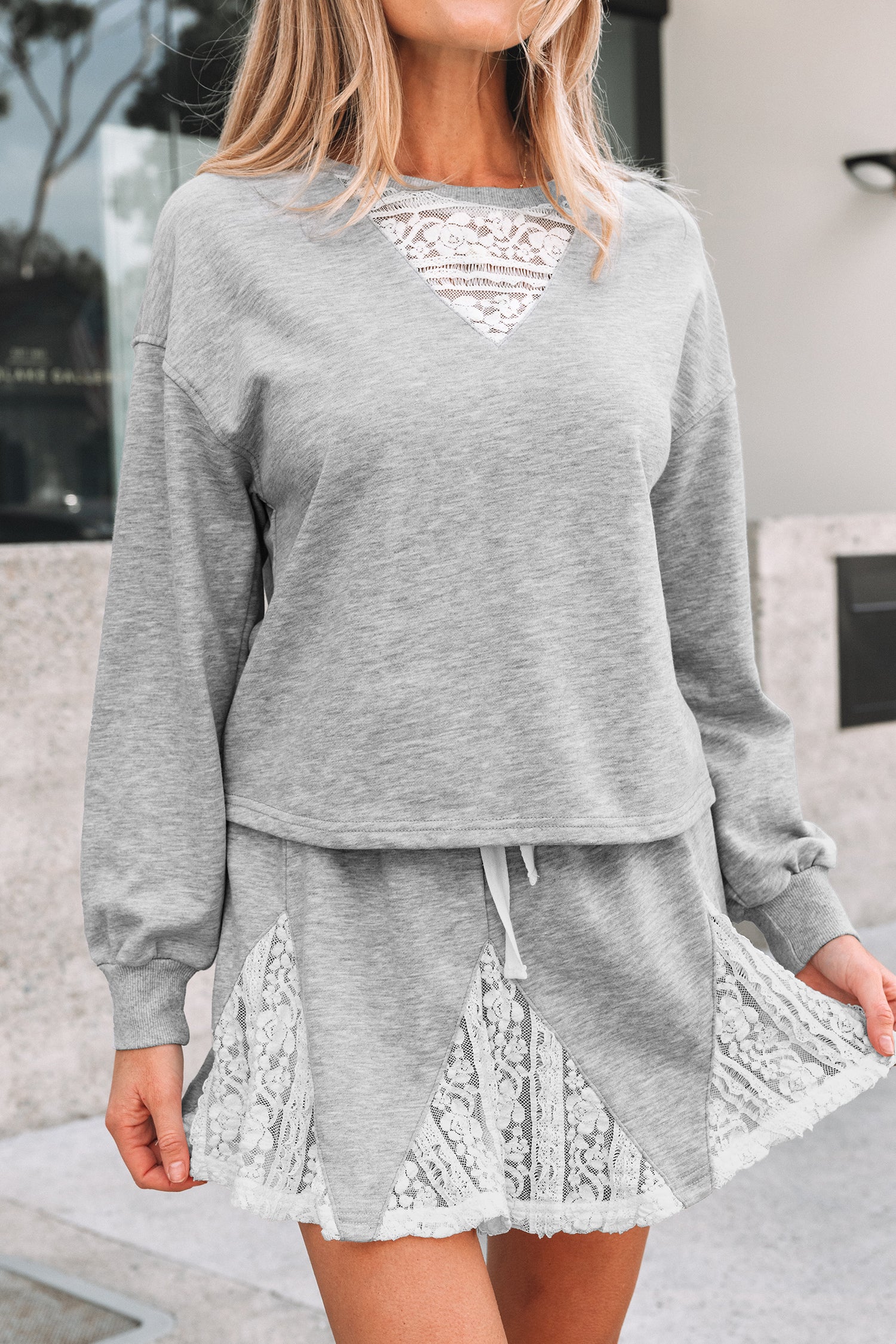 Light Grey Lace Patchwork Drop Shoulder Pullover Drawstring Skort 2pcs Outfit 🇺🇸