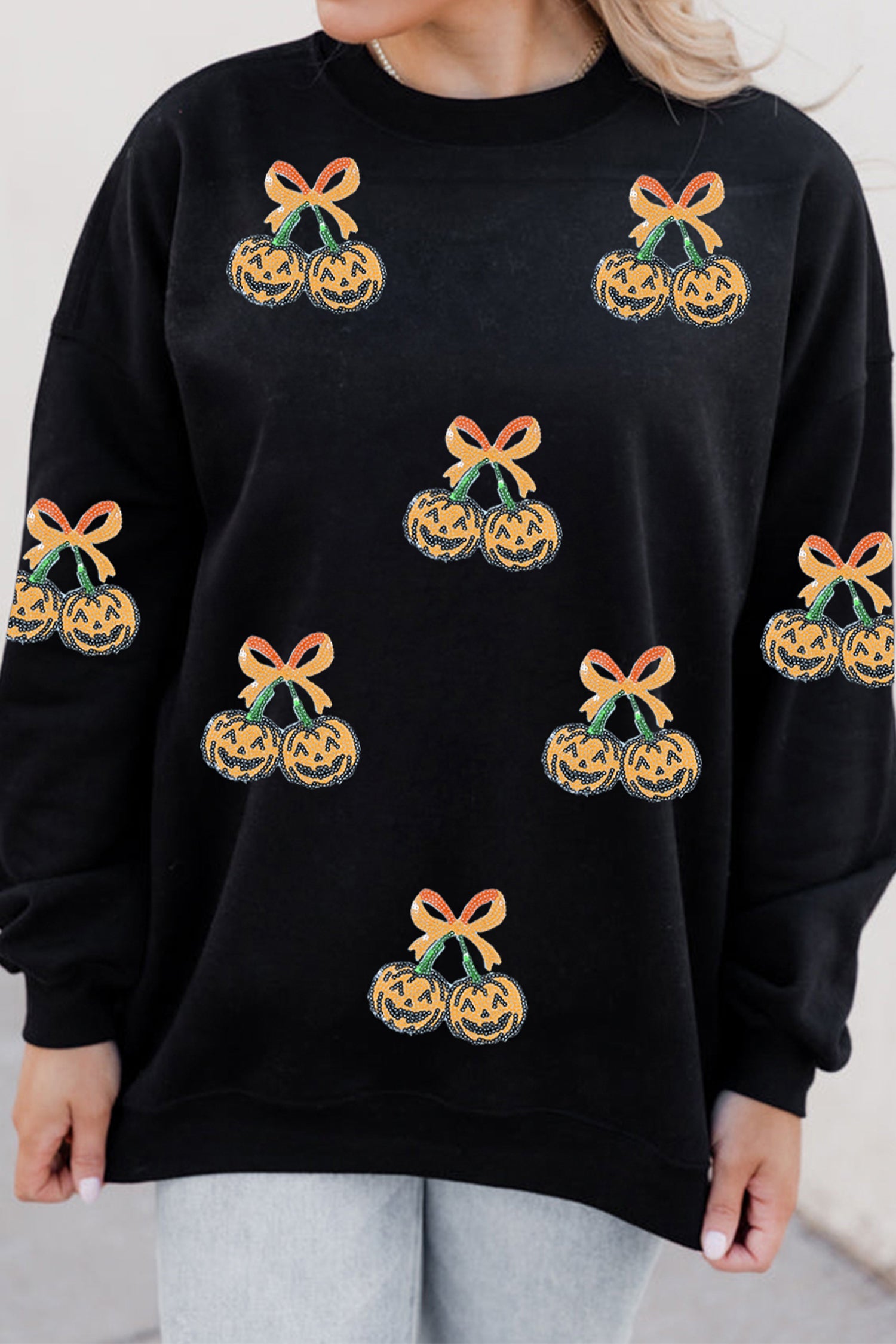 Black Halloween Sequin Pumpkin Graphic Relaxed Pullover Sweatshirt