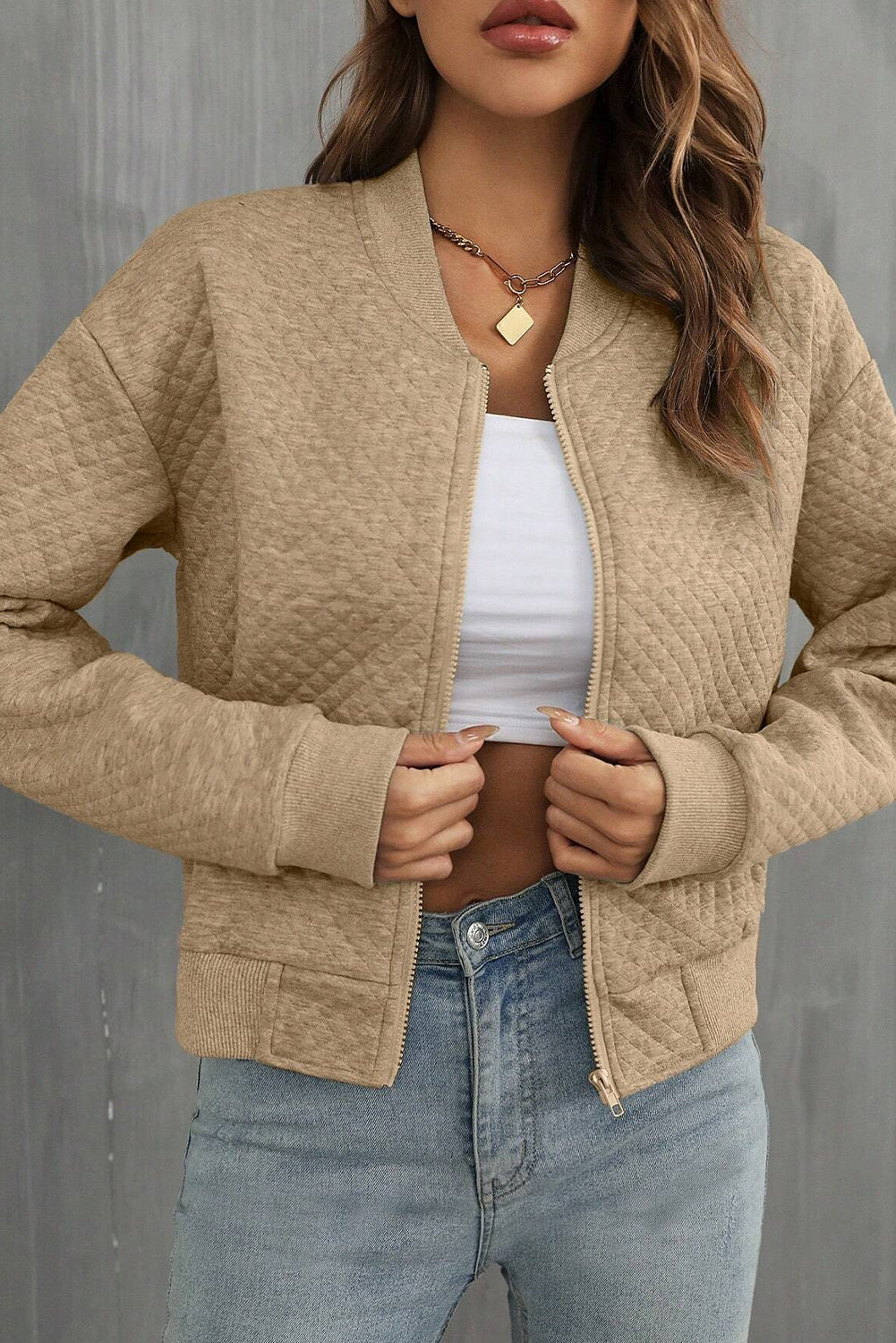 Pale Khaki Solid Geometric Textured Baseball Collar Jacket 🇺🇸