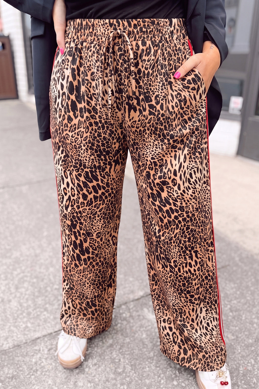 Khaki Leopard Print Colorblock Side Stripes Wide Leg Full Length Plus Size Pants 🇺🇸